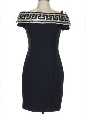 Vintage A.J. Bari Off the Shoulder Sequin Greek Key Black Dress size 6
